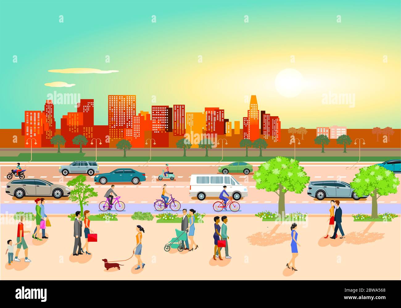 Stadtsilhouette mit Wohngebäude, Häusern, Stadtbild-Panorama Stock Vektor