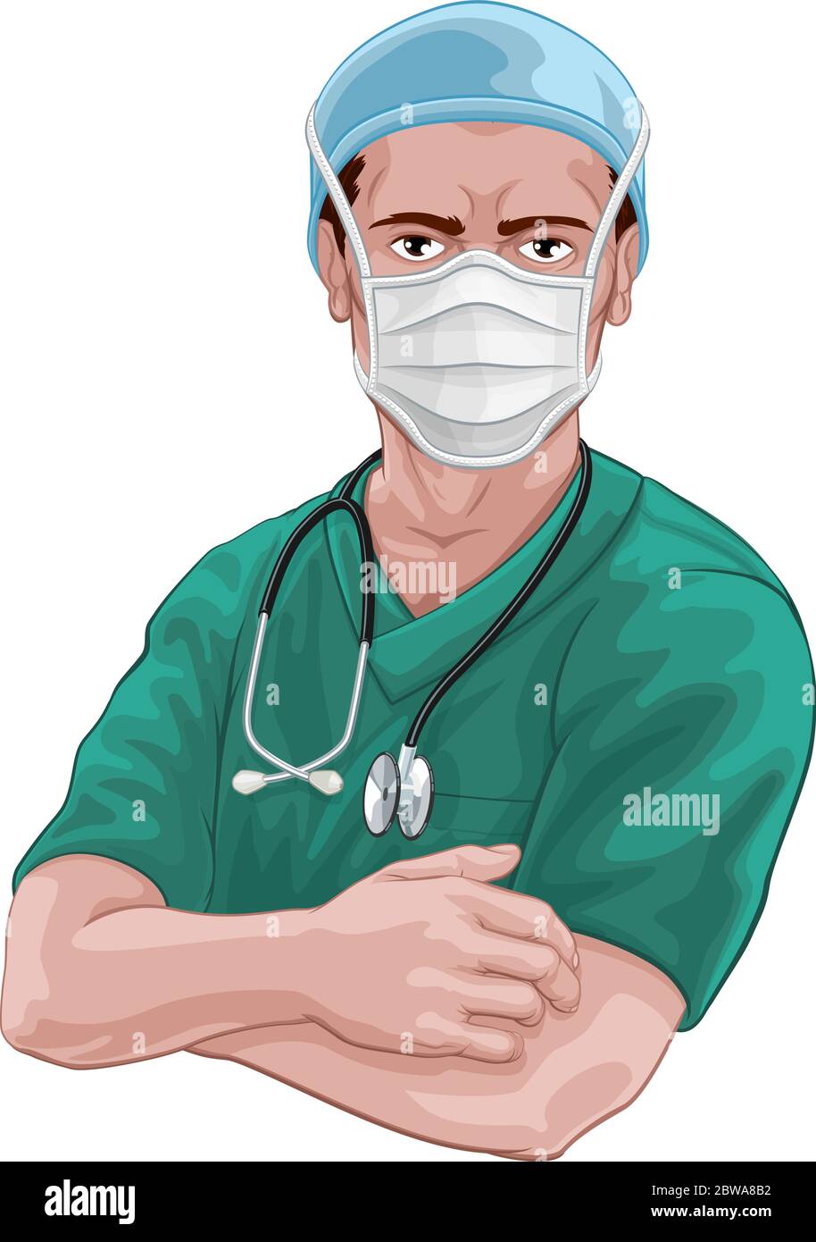Krankenschwester oder Arzt in Scrubs und OP-Maske PSA Stock Vektor