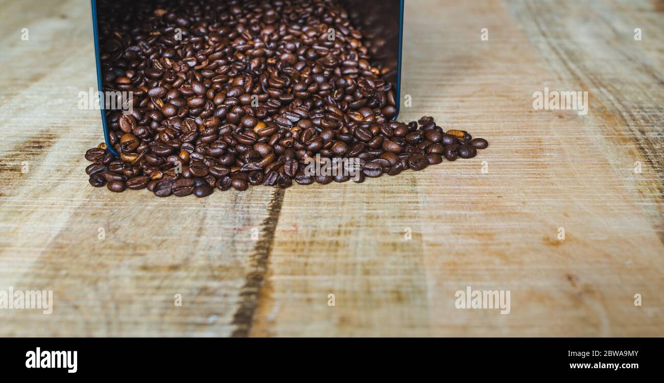 Geröstete braune Kaffeebohnen in quadratischer Dose auf Holzhintergrund verschüttet. Stockfoto