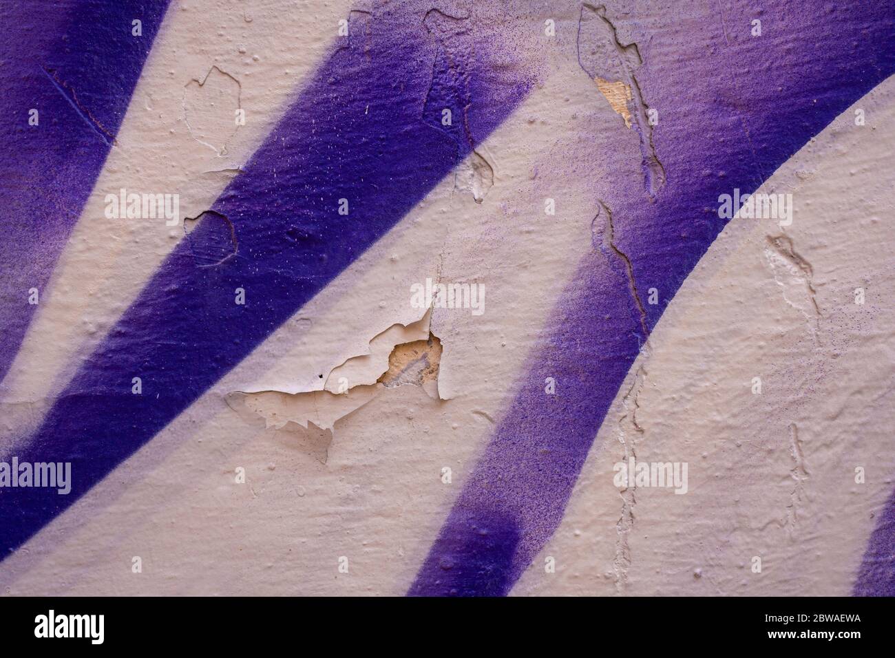 Lila und weiß rissige Wand mit abgebrochener Farbe. Nahaufnahme einer Graffiti-Textur. Street Art Hintergrund. Stockfoto