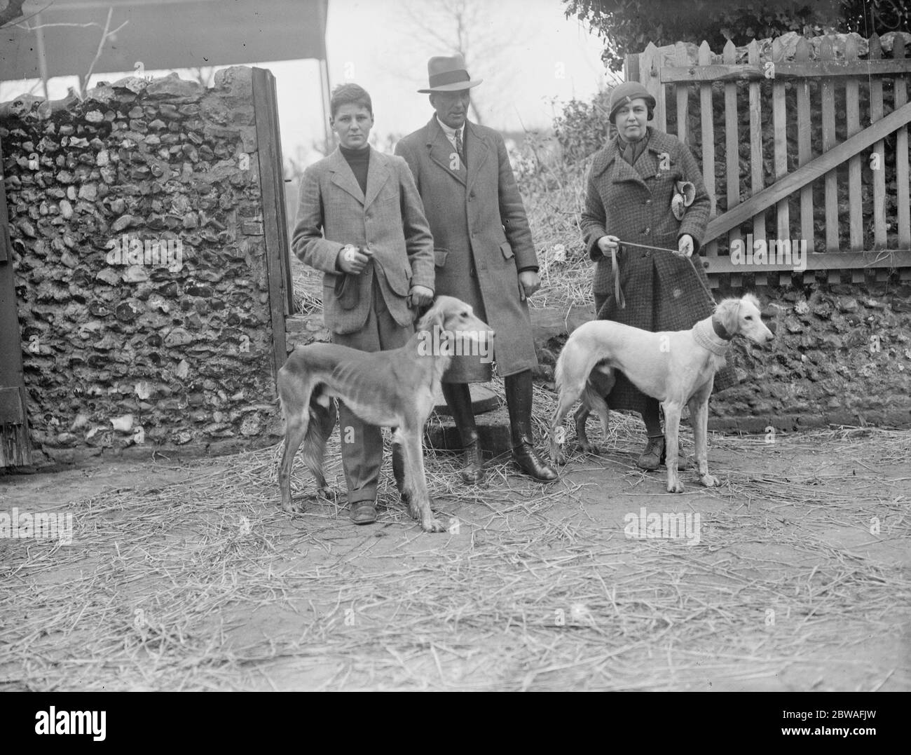 Die Cleve Saluki Coursing Club 's National Cup Treffen auf Captain Friend 's Anwesen in Northdown, Margate. Jim Sowrey mit nal Kawi (Zweiter), Kapitän J Sowrey (Richter) und Miss Doris Trettell mit Commander Adam 's Haredam Viking (Gewinner). 15. Januar 1935 Stockfoto