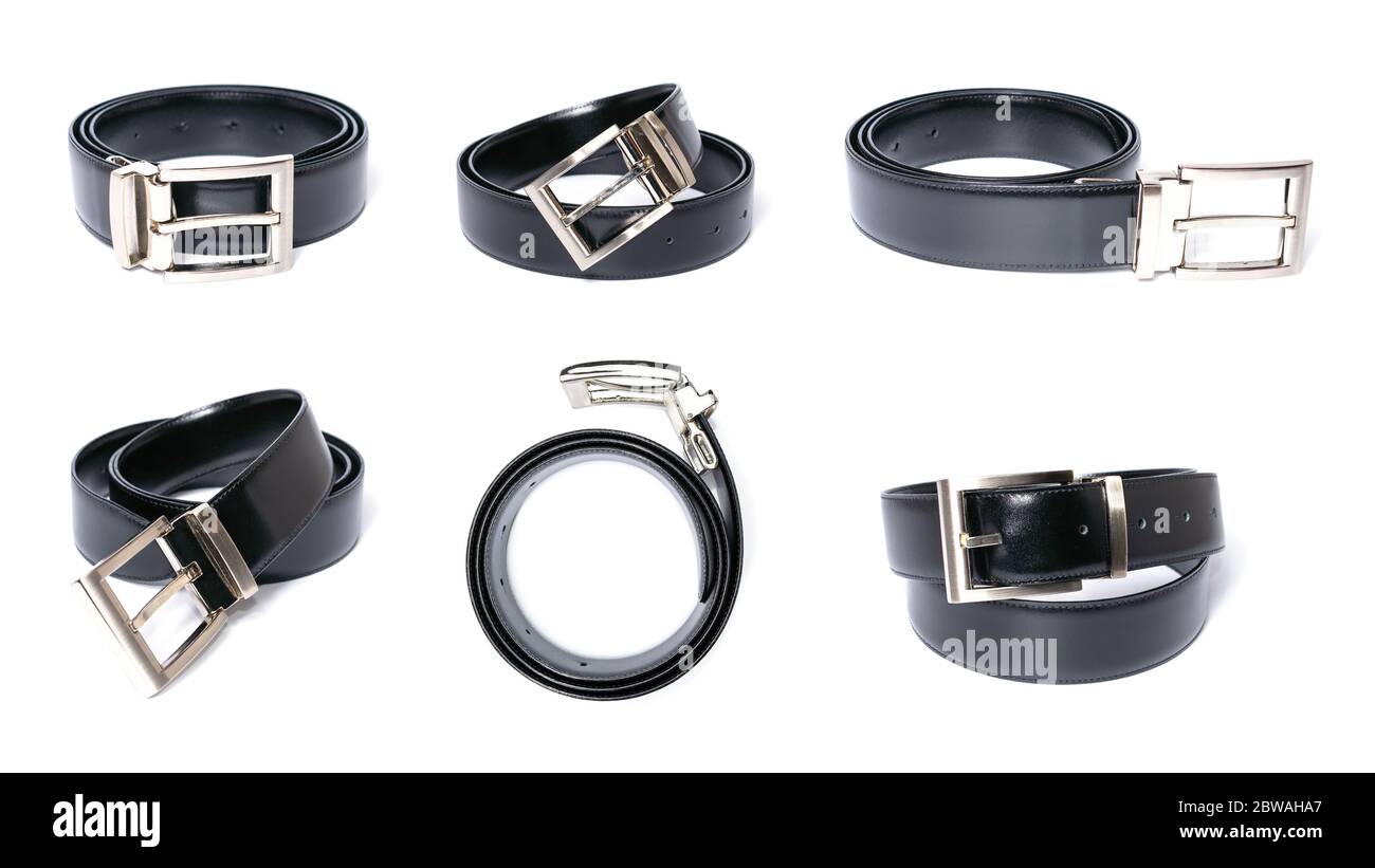 Schwarz Leder Gürtel isoliert. mit sechs verschiedenen Ansichten auf einem weißen Hintergrund. Stockfoto