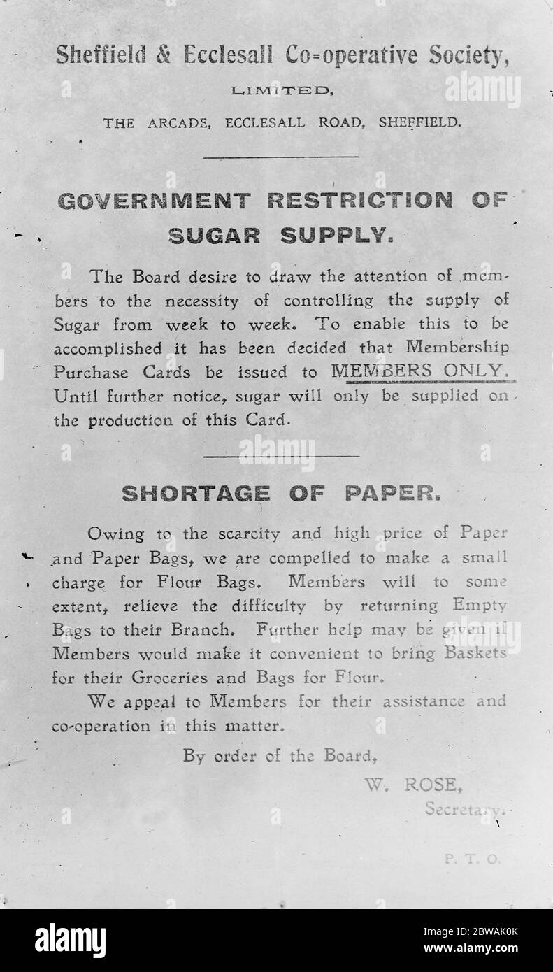 Zuckerkarten in Sheffield Rationierung Weltkrieg 1 Sheffield und Eccleshall Cooperative Society Stockfoto