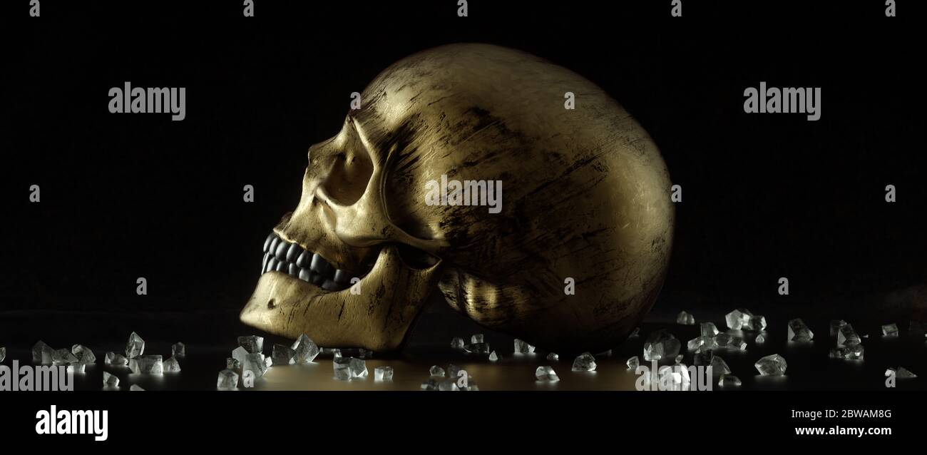 Zerbrochene Glasstücke und goldener Totenkopf auf schwarzem Hintergrund. 3D-Darstellung Stockfoto