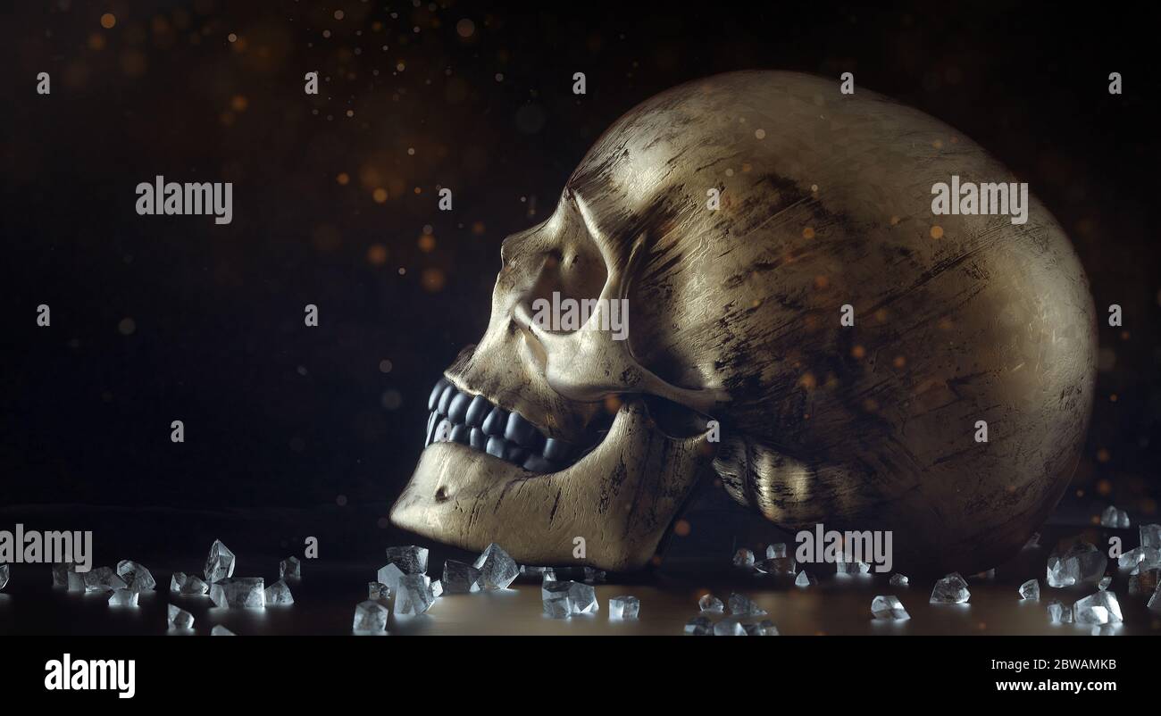 Zerbrochene Glasstücke und goldener Totenkopf auf schwarzem Hintergrund. Charmantes Ambiente. 3D-Darstellung Stockfoto