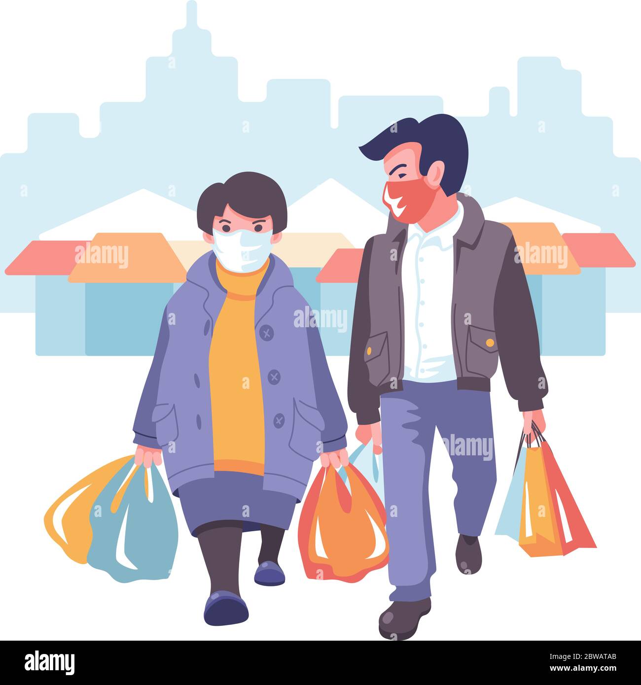 Mann und Frau gehen während der Coronavirus-Pandemie in medizinischen Masken mit Paketen und Einkäufen in den Händen einkaufen Stock Vektor