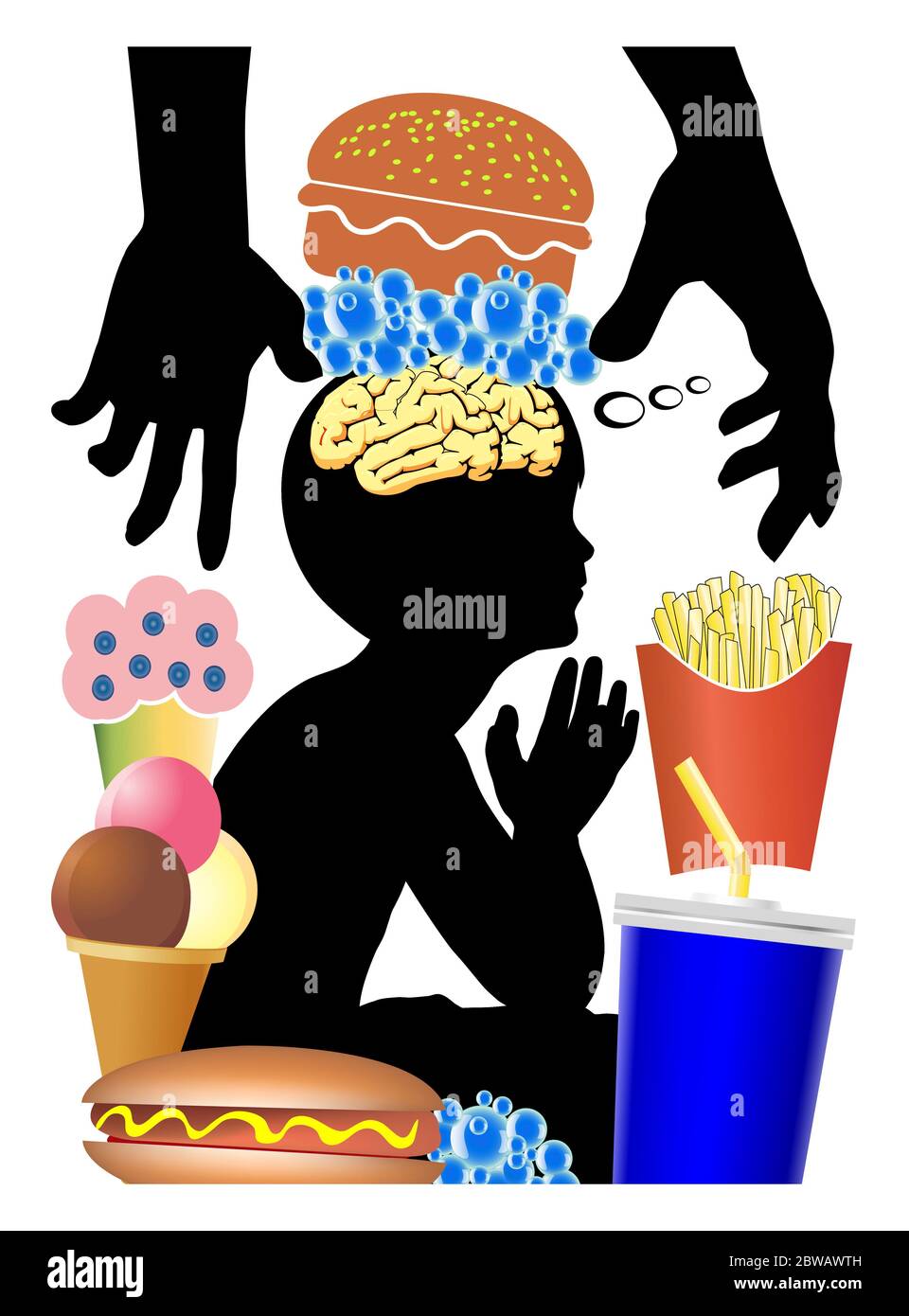Essgewohnheiten der Kinder manipuliert werden, um nach Junk-Food wie Burger, Süßigkeiten und alkoholfreie Getränke sehnen. Stockfoto