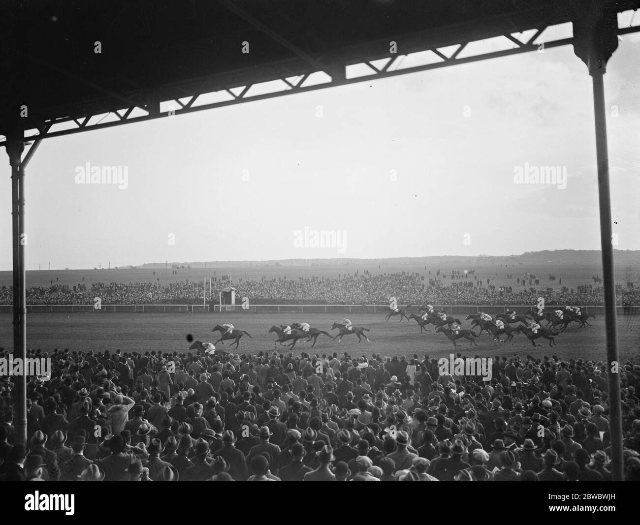 Das französische Pferd "Masked Marvel" gewinnt das Cambridgeshire bei Newmarket das Ziel des Rennens. 28. Oktober 1925 Stockfoto