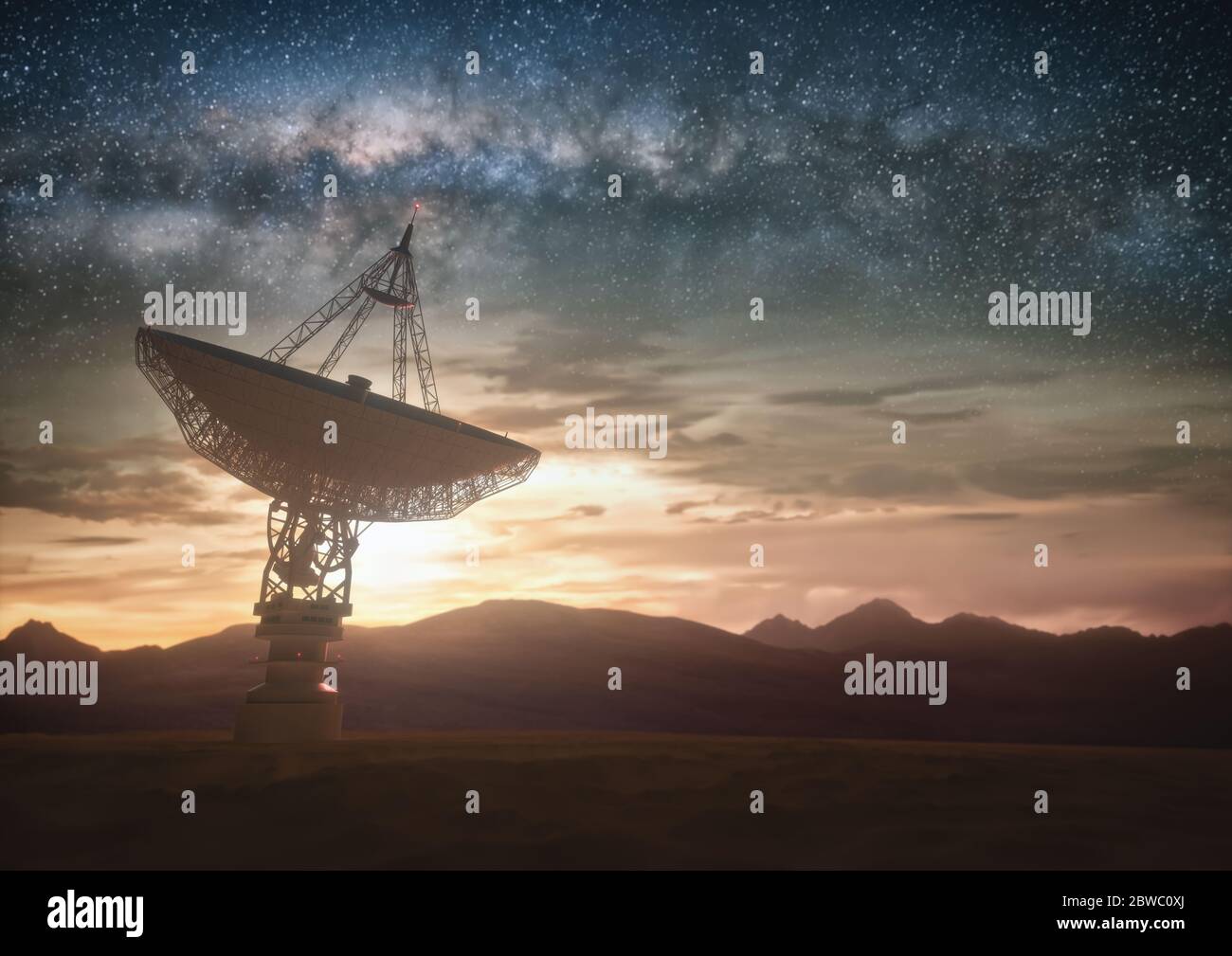 Riesige Satellitenantenne Teller für Kommunikation und Empfang des Signals aus dem Planeten Erde. Sternwarte auf der Suche nach Radio Signal im Raum bei Sonnenuntergang. Stockfoto