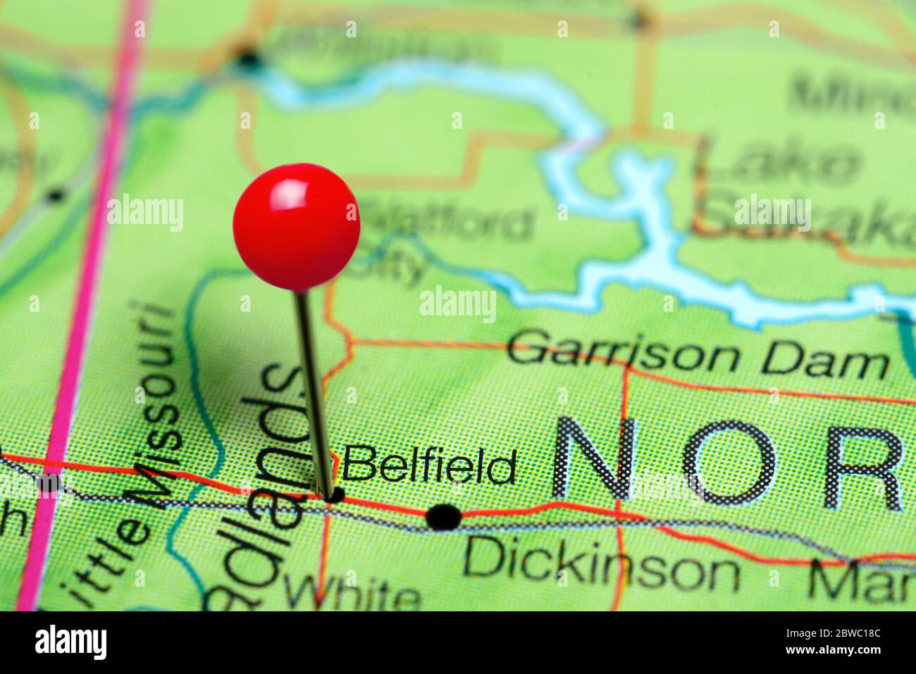 Belfield auf einer Karte von North Dakota, USA Stockfoto