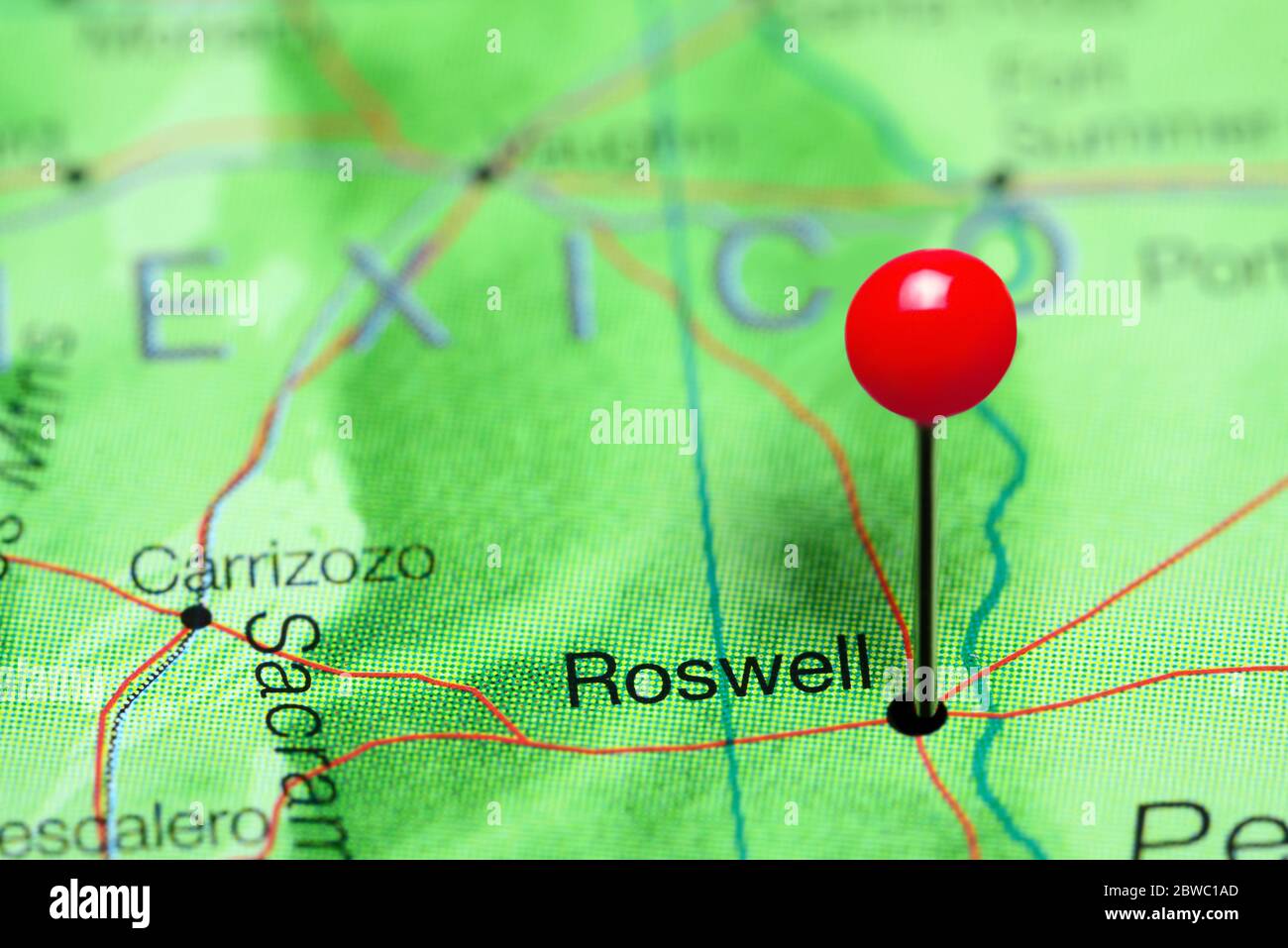Roswell auf einer Karte von New Mexico, USA Stockfoto
