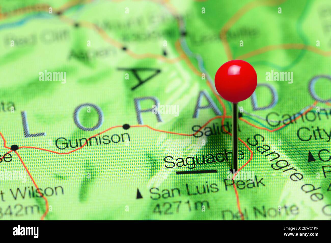 Saguache auf einer Karte von Colorado, USA Stockfoto