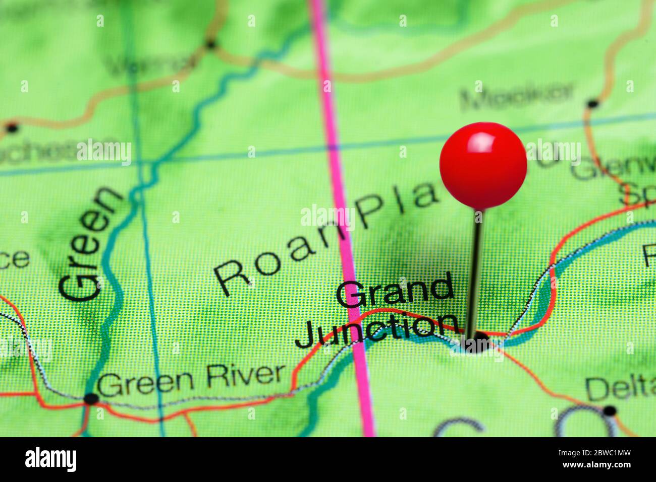 Grand Junction auf einer Karte von Colorado, USA Stockfoto