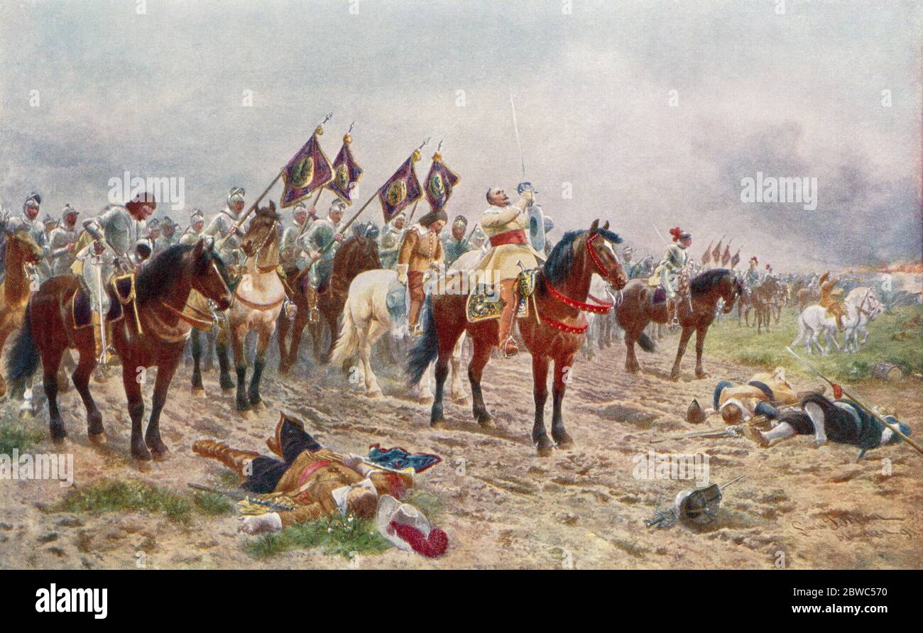 Gustavus Adolphus Gebet vor der Schlacht von Lutzen, 1632. Nach dem Gemälde von Louis Braun. Gustavus Adolphus, 1594 – 1632, alias Gustav II Adolf oder Gustav II Adolph. König von Schweden. Aus Großbritannien und ihren Nachbarn, 1485 - 1688, veröffentlicht 1923. Stockfoto