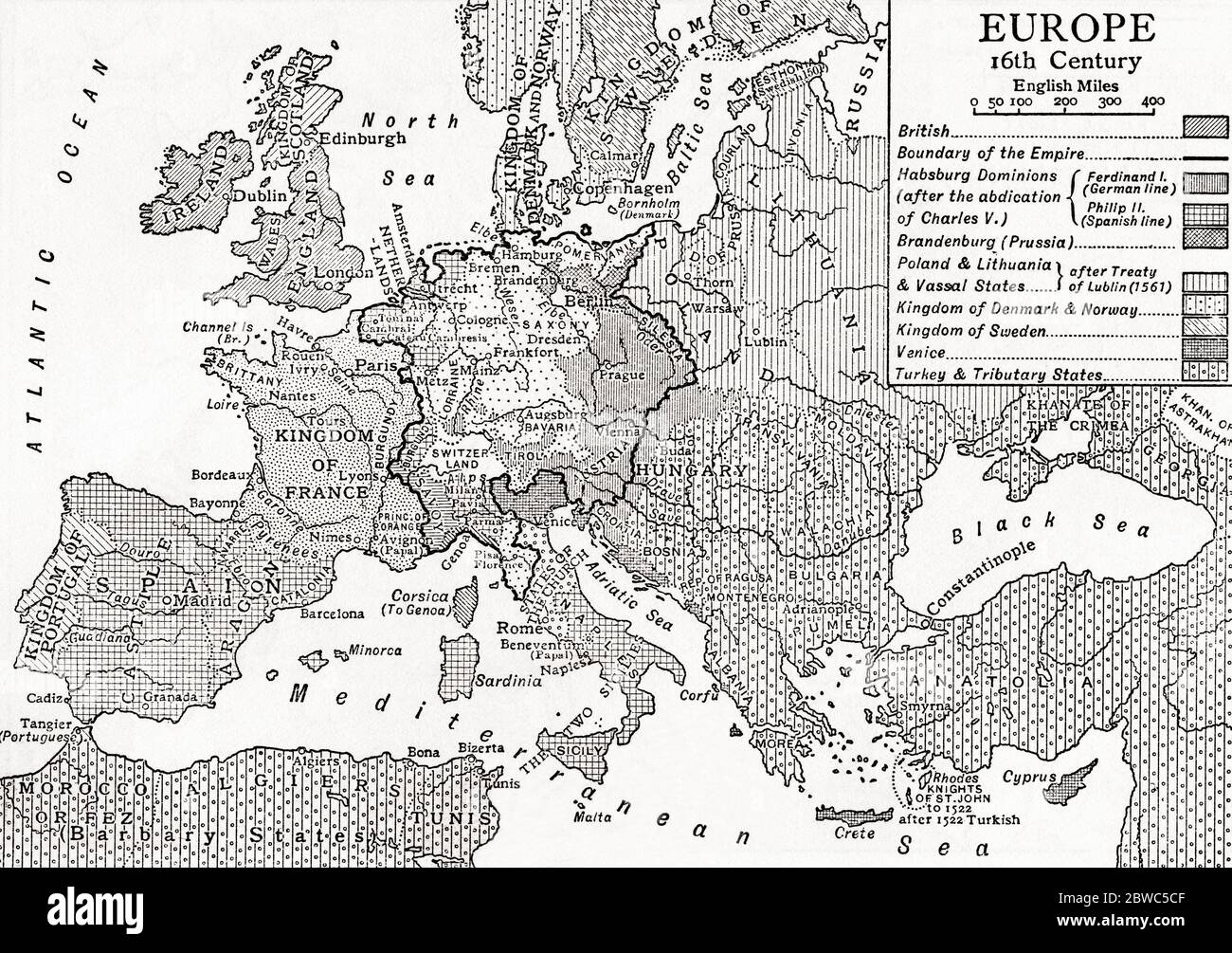 Karte von Europa im 16. Jahrhundert. Aus Großbritannien und ihren Nachbarn, 1485 - 1688, veröffentlicht 1923. Stockfoto