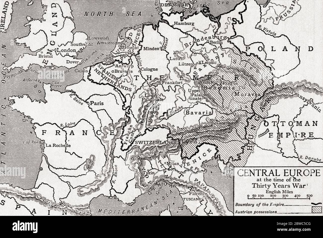 Karte von Mitteleuropa zur Zeit des Dreißigjährigen Krieges. Aus Großbritannien und ihren Nachbarn, 1485 - 1688, veröffentlicht 1923. Stockfoto