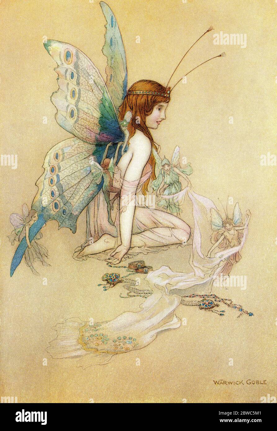 "Die Feen kamen am Fenster herein und brachten ihr so ein hübsches Paar Flügel". Illustration von Warwick Goble. Aus den Wasserbabys, veröffentlicht 1922. Stockfoto