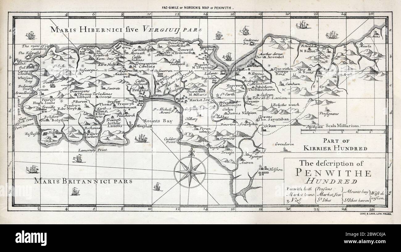 Penwith Hundred, 1597 Karte von John Norden vom westlichsten Teil Cornwalls und Großbritanniens, bis zum Lands End Stockfoto