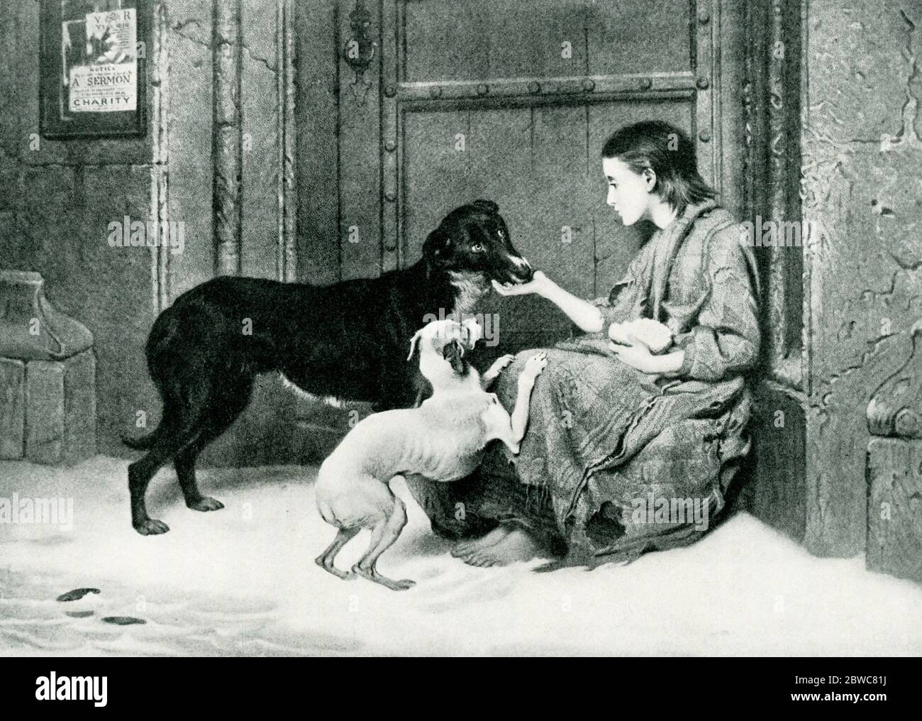 Dieses Gemälde mit dem Titel Charity wurde von Briton Riviere im Jahr 1872. Ein kleines Mädchen in zerlumpten Kleidern, das barfuß im Schnee sitzt, rechts, gegen eine große Holztür, und zwei streunende Hunde von einem kleinen Stück Brot füttert, das sie hält. Es gibt ein Plakat an der Wand links, das den folgenden Text 'V R / Jahr 1870 / Hinweis enthält ... Eine Predigt / ... Wohltätigkeit“. Der Brite Rivière war ein britischer Künstler Hugenottischer Abstammung. Er stellte eine Vielzahl von Gemälden an der Royal Academy, sondern widmete einen Großteil seines Lebens auf Tierbilder. Stockfoto