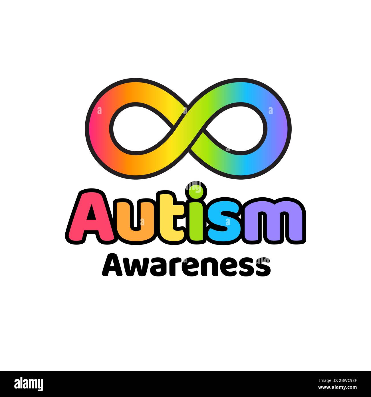 Autismus-Bewusstsein-Symbol, Regenbogen-Unendlichkeits-Zeichen und Text. Autistische Spektrumsstörungen und Unterstützung der Neurodiversität. Stock Vektor