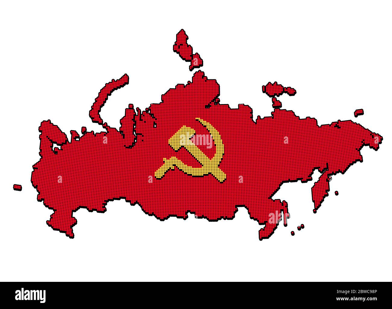 Stilisierte UdSSR-Karte mit Hammer und Sichel, kommunistisches Russland-Symbol. Pixel-Punktmuster. Isolierte Vektordarstellung. Stock Vektor