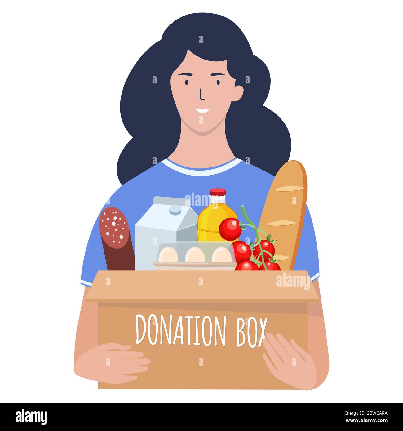 Junge Frau trägt eine Schachtel mit Lebensmitteln. Sozialfürsorge, Freiwilligenarbeit und Wohltätigkeitskonzept. Lieferung von gespendeten Lebensmitteln nach Hause durch Service-Freiwillige. Flacher Vektor Abb. Stockfoto