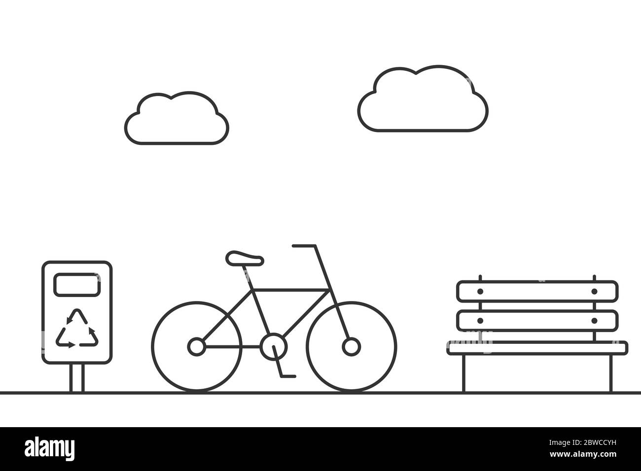 Fahrrad in einem Park mit Bank und Papierkorb. Leitungssymbole. Gesundes nachhaltiges Lifestyle-Konzept. Erholung und Entspannung in der Stadt. Schwarzer Umriss Stock Vektor