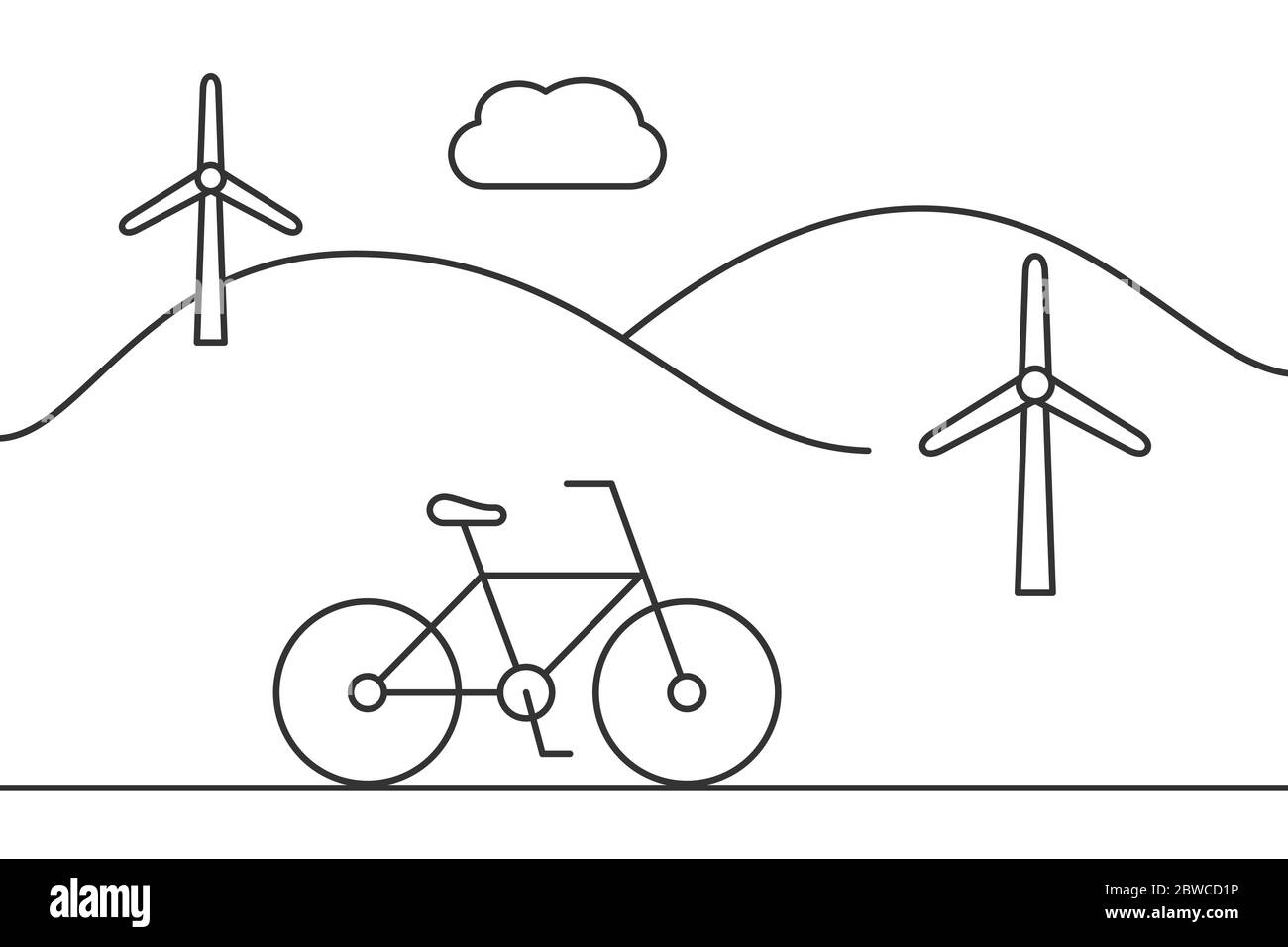 Fahrrad mit Leitungssymbolen für Windenergieanlagen. Landschaft mit Hügeln und Windmühlen. Grüne Energie und nachhaltiges Lifestyle-Konzept. Schwarze Umrandung auf Weiß Stock Vektor