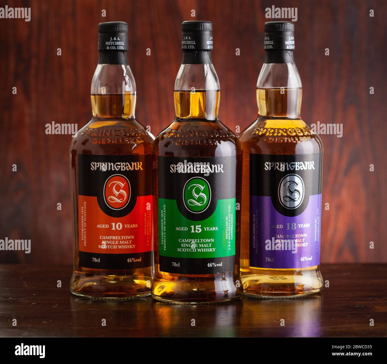 Trondheim, Norwegen - Mai 26 2020: Springbank Single Malt Scotch Whisky drei Flaschen 10, 15, 18 Jahre Stockfoto