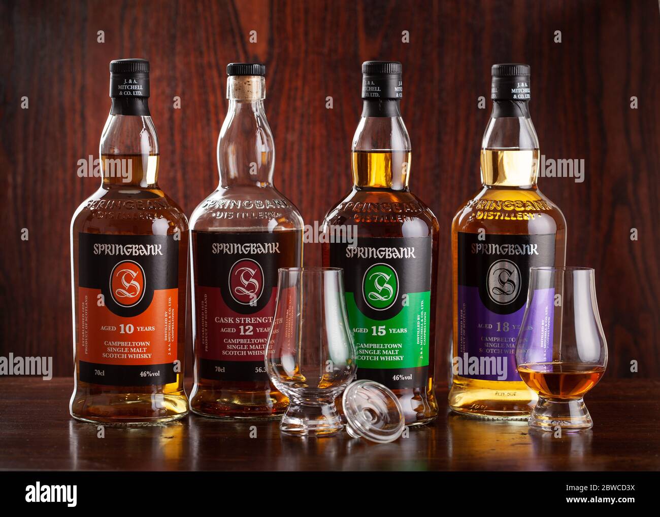 Trondheim, Norwegen - Mai 26 2020: Springbank Single Malt Scotch Whisky vier Flaschen 10, 15, 12, 18 Jahre Stockfoto