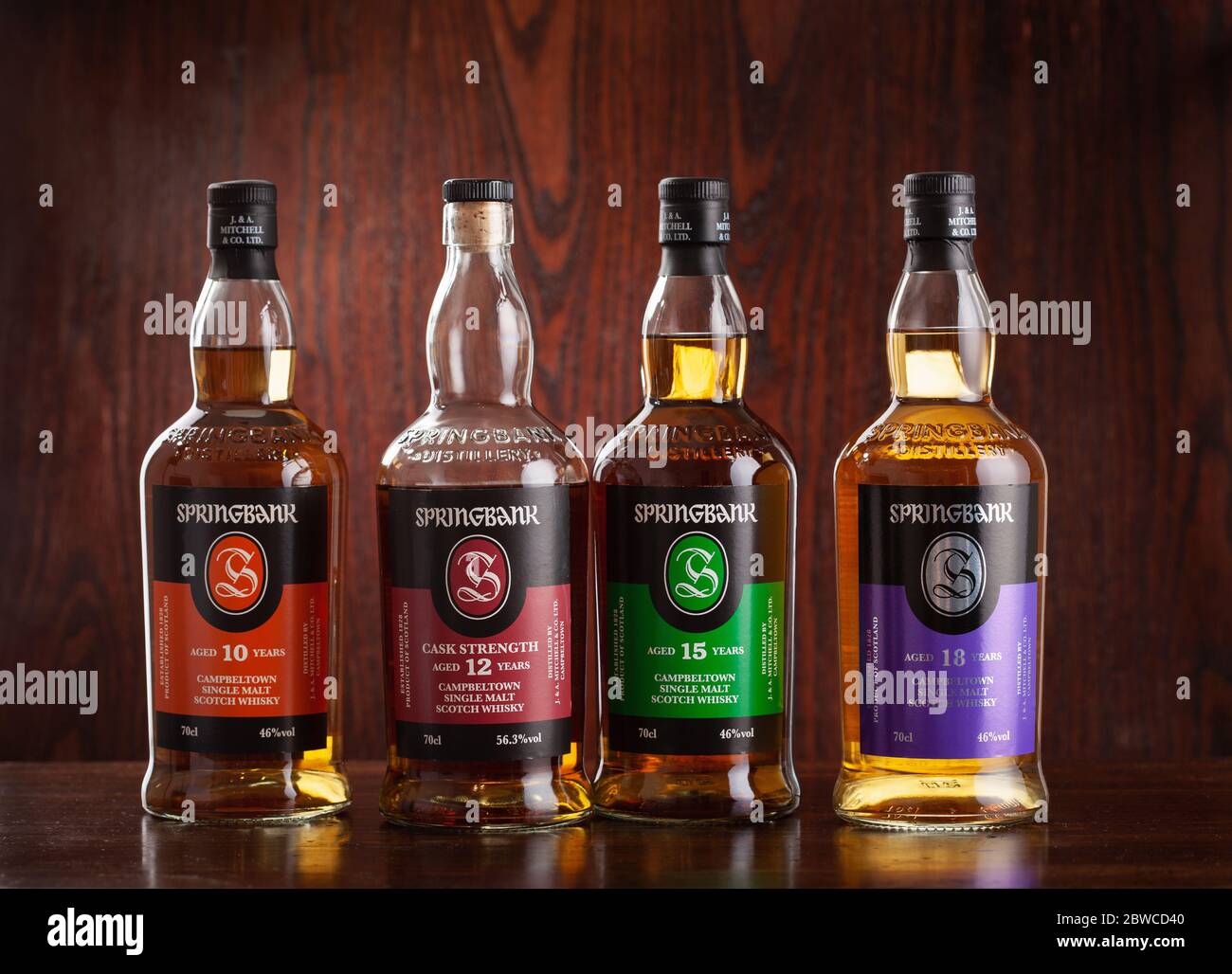 Trondheim, Norwegen - Mai 26 2020: Springbank Single Malt Scotch Whisky vier Flaschen 10, 15, 12, 18 Jahre Stockfoto