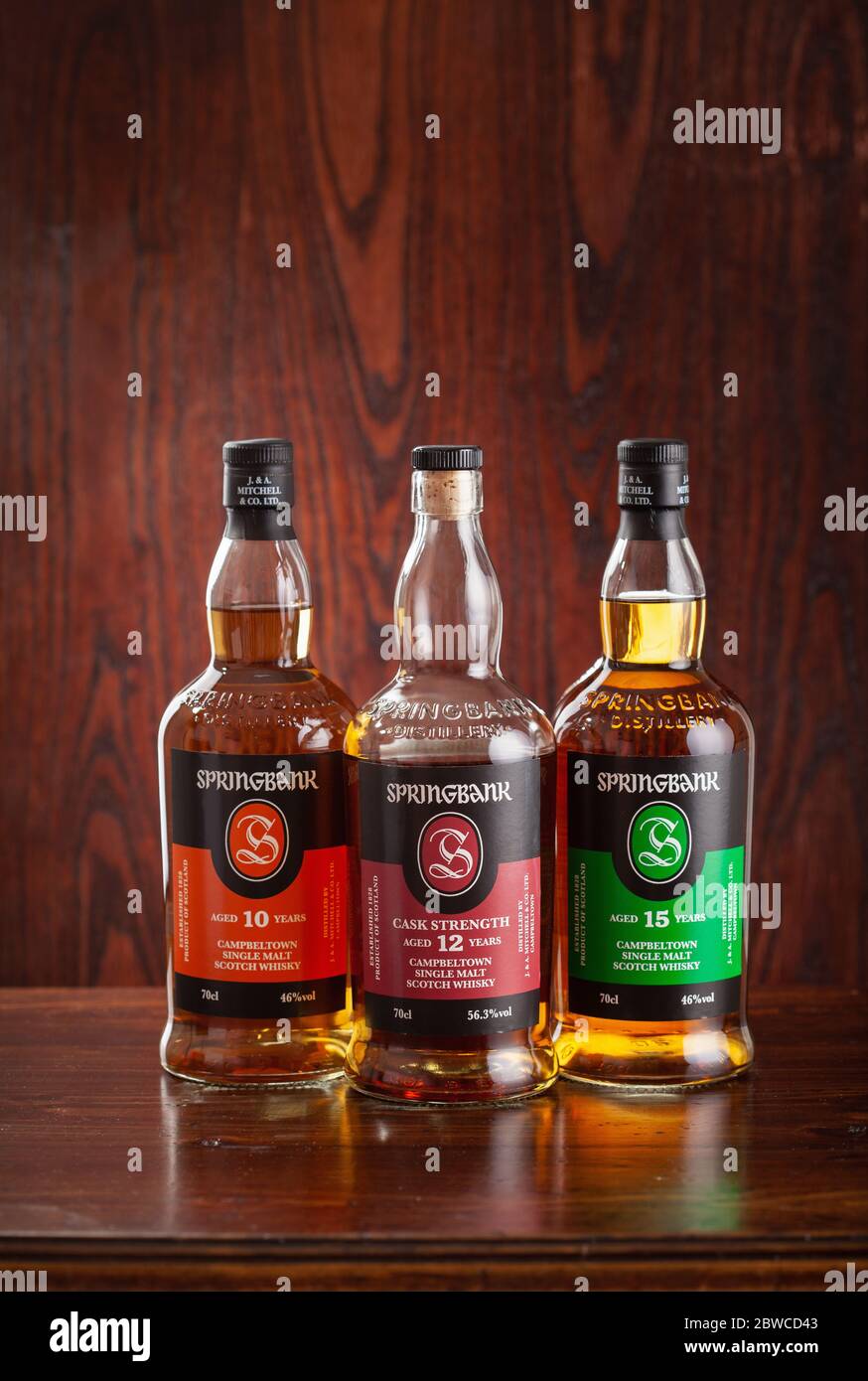 Trondheim, Norwegen - Mai 26 2020: Springbank Single Malt Scotch Whisky drei Flaschen 10, 15, 12 Jahre Stockfoto