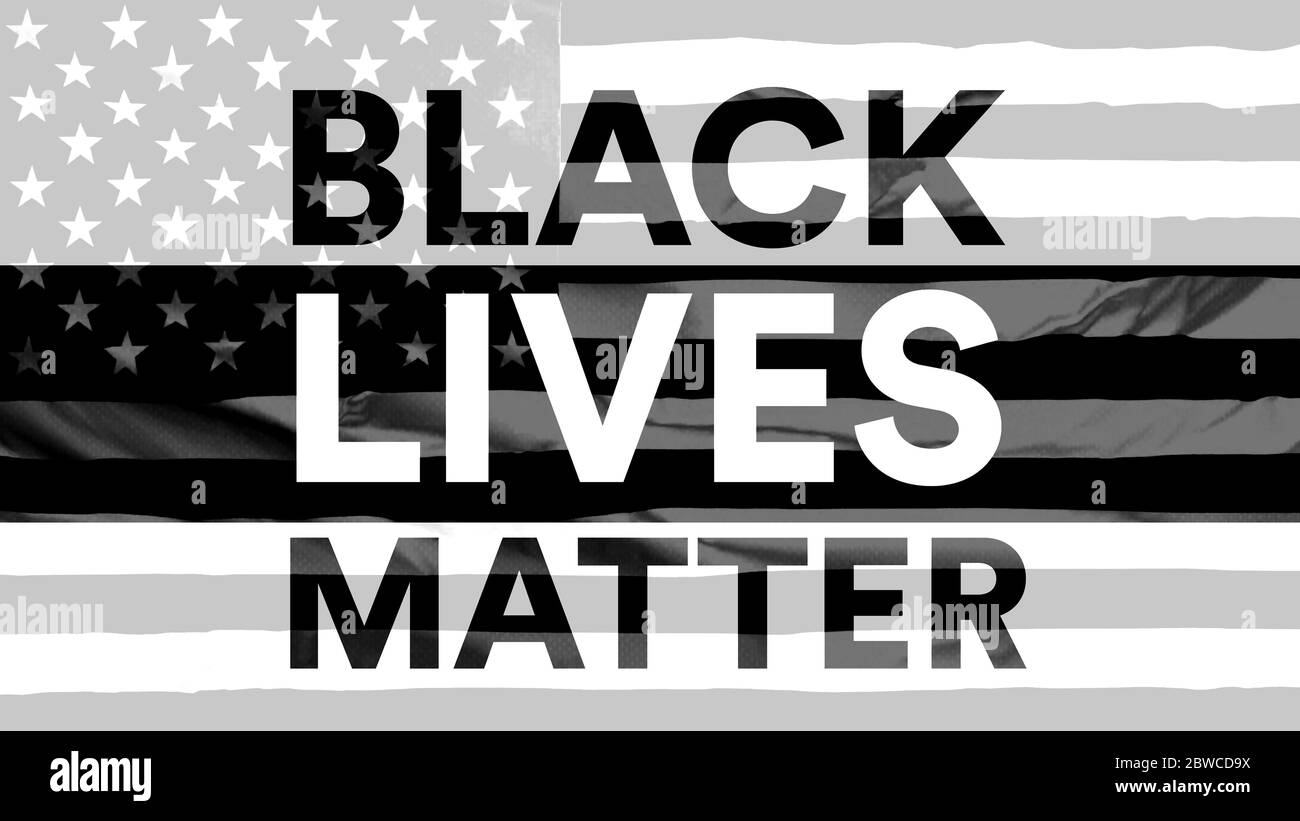 Schwarz lebt Materie, Nachrichtentext mit einer schwarz-weißen USA-Flagge auf dem Hintergrund Stockfoto