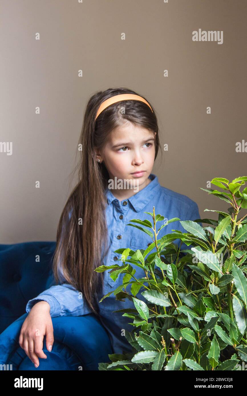 Ein Mädchen in einem Denim-Kleid sitzt und schaut aus dem Fenster in einem Raum mit einem blauen Sofa und einer Blume Stockfoto