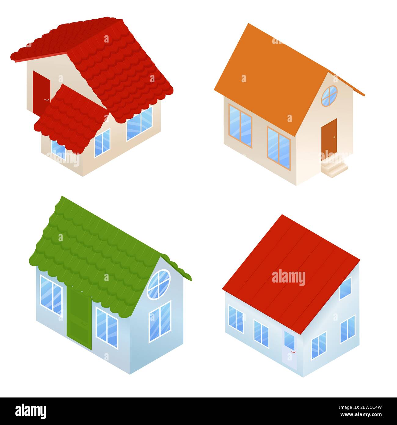 Set von verschiedenen Farben Cartoon Häuser. Niedliche Häuser in isometrischen Stil Vektor-Illustration. Stock Vektor
