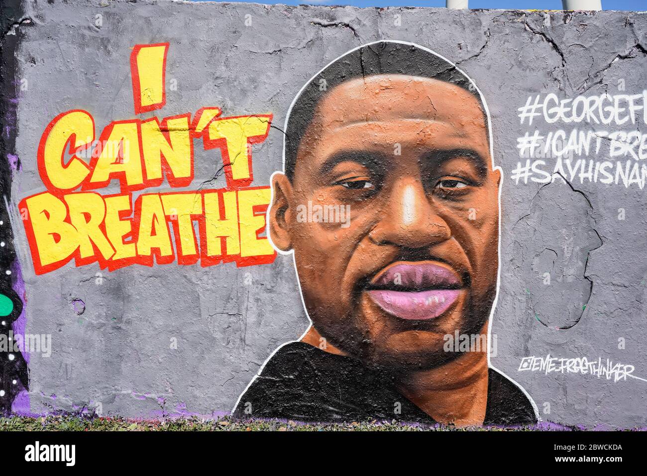 30. Mai 2020, Berlin, ein neues Graffiti von EME Freethinker an einer Wand im Mauerpark in Berlin, Prenzlauer Berg, das den toten schwarzen George Floyd aus Minneapolis/USA mit seinem Zitat 'I can t breathe' zeigt. Weltweit verwendet Stockfoto