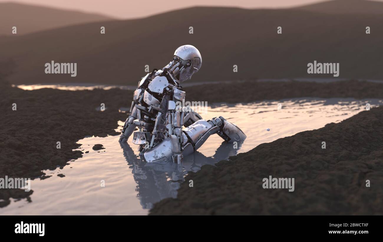 Verlassene Roboter sitzt in einer Pfütze Stockfoto