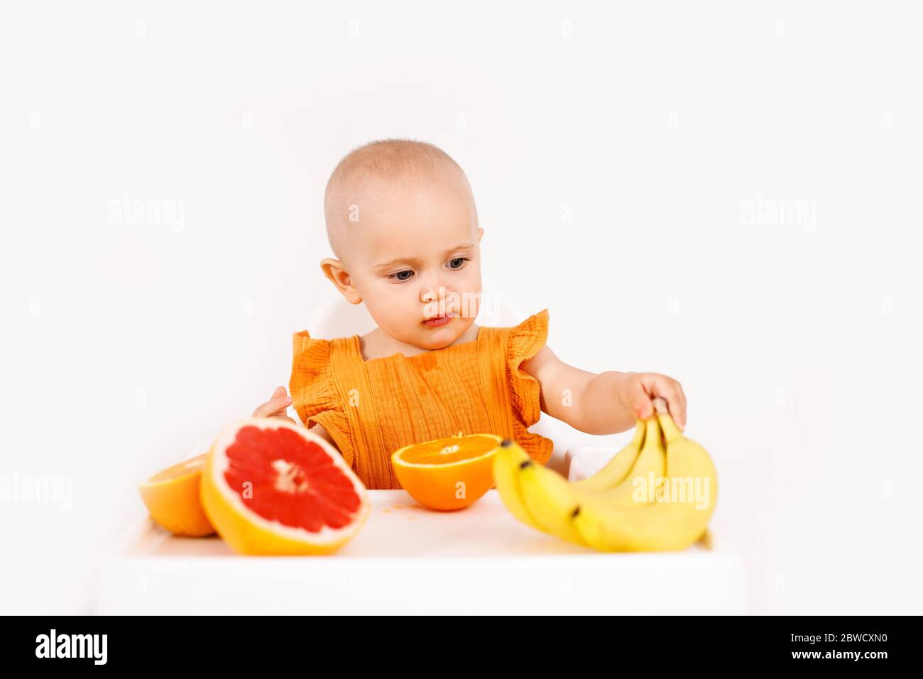 Kleinkind Mädchen sitzt in hohen Kinderstuhl essen Früchte auf einem weißen Hintergrund. Babynahrung Konzept, Raum für Text Stockfoto