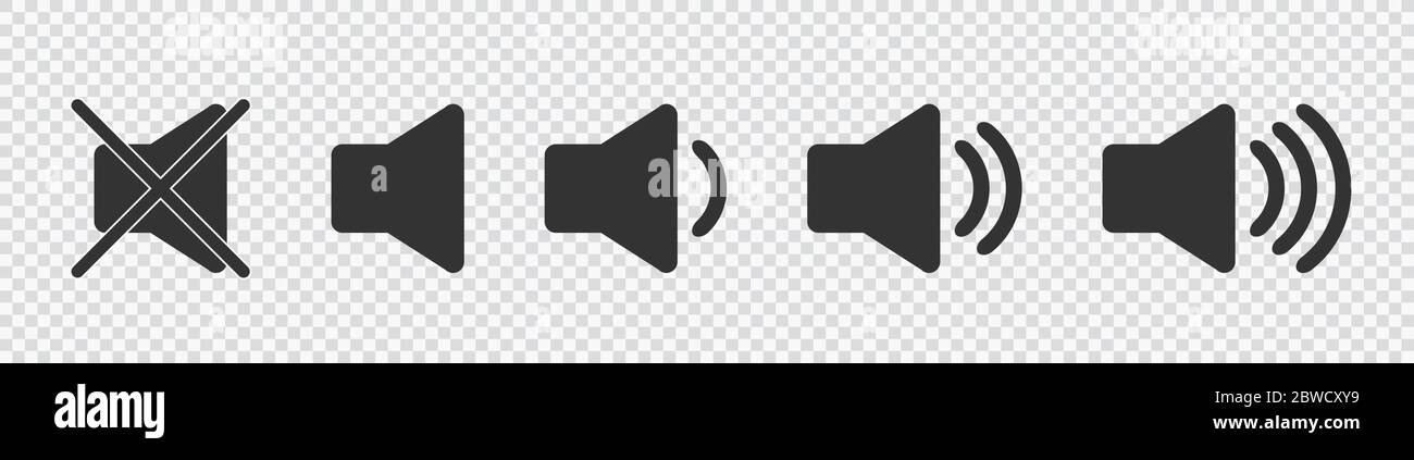 Ein Symbol, das den Ton erhöht und reduziert. Symbol für die Stummschaltung. Eine Reihe von Sound-Icons mit unterschiedlichen Signalpegeln in flacher Ausführung. Vektor. Auf transparentem Hintergrund. Eps 10 Stock Vektor