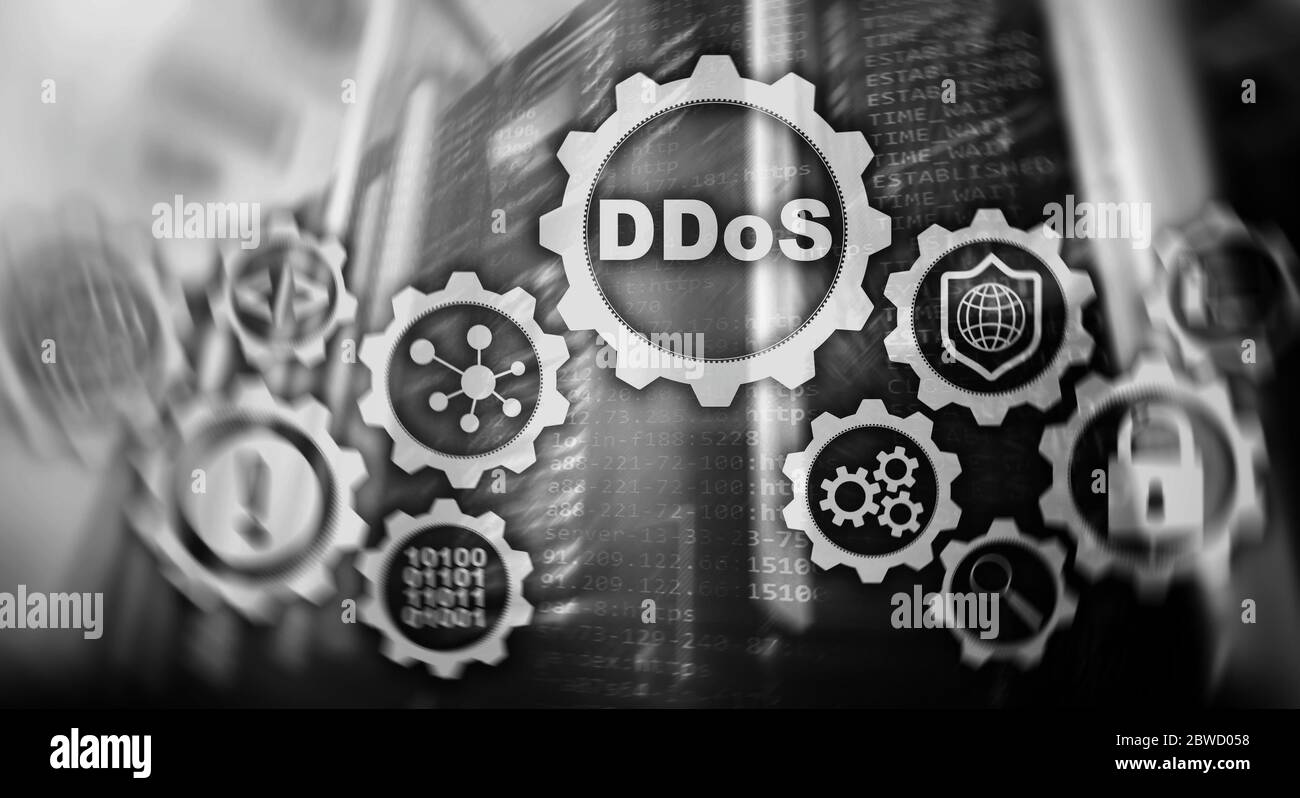 Schwarz und Weiß. DDoS-Cyber-Angriff. Technologie, Internet und Schutz Netzwerkkonzept. Stockfoto