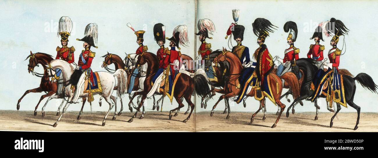 Militärstab und Helfer bei der Krönungsparade von Königin Victoria. Der Pferdeherr des Kronstalls, Sir George Augustus Quentin, der Oberbefehlshaber der Königin, stellvertretender Generalbefehlshaber, stellvertretender Generalquartiermeister, stellvertretender Generalbefehlshaber, Royal Artillery, Generalquartiermeister, Militärsekretär des Oberbefehlshabers, Generalbefehlshaber. Handkolorierter Aquatinta-Stich aus Fores' korrekter Darstellung der Staatsprozession anlässlich der August-Krönungszeremonie ihrer Majestät, 28. Juni 1838, herausgegeben von Fores, Sporting and Fine Print Repository, Piccadilly, London, 1838. Stockfoto