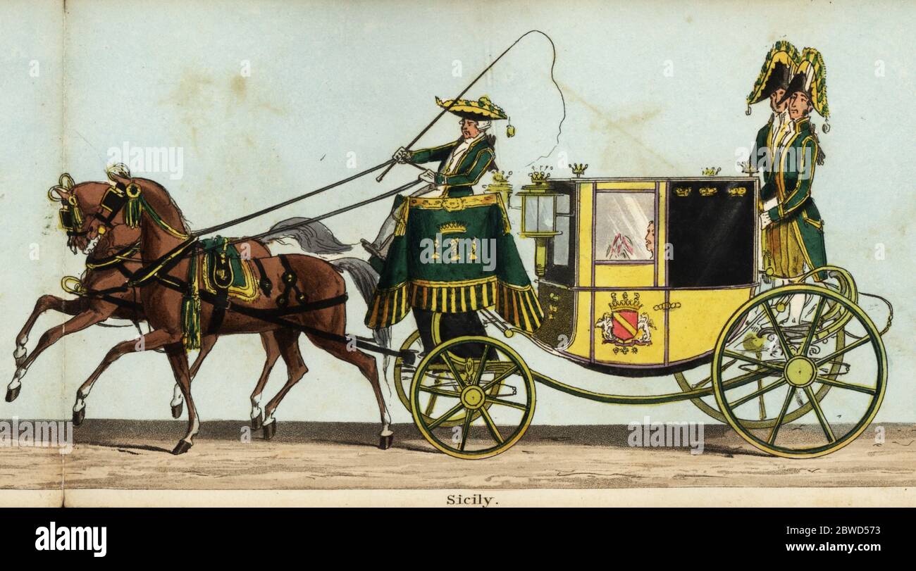 Wagen des Grafen Ludolf, Botschafter des Königs der beiden Sizilien, Ferdinand II., bei der Krönungsparade von Königin Victoria. Handkolorierter Aquatinta-Stich aus Fores' korrekter Darstellung der Staatsprozession anlässlich der August-Krönungszeremonie ihrer Majestät, 28. Juni 1838, herausgegeben von Fores, Sporting and Fine Print Repository, Piccadilly, London, 1838. Stockfoto