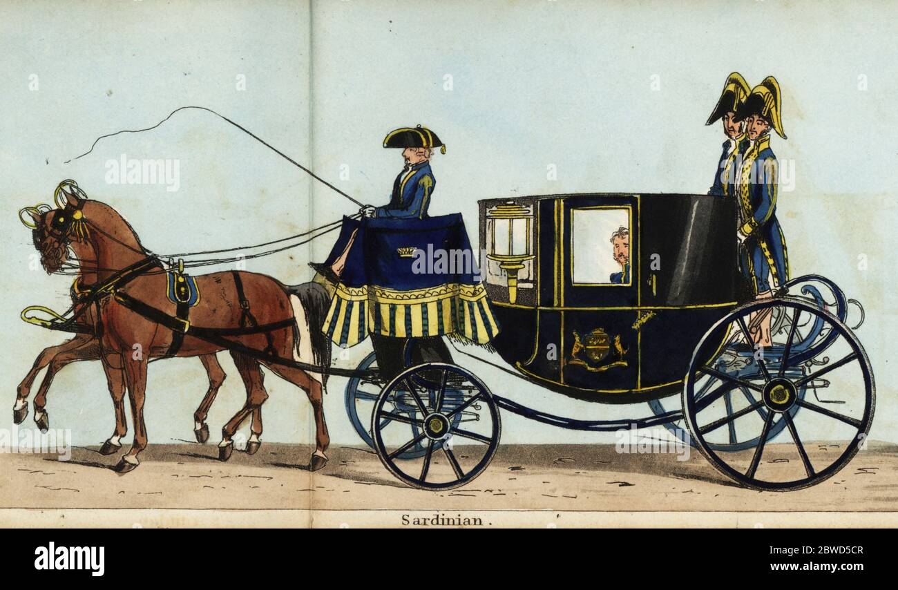 Wagen des sardischen Ministers, Graf von Pollon, bei der Krönungsparade von Königin Victoria. Handkolorierter Aquatinta-Stich aus Fores' korrekter Darstellung der Staatsprozession anlässlich der August-Krönungszeremonie ihrer Majestät, 28. Juni 1838, herausgegeben von Fores, Sporting and Fine Print Repository, Piccadilly, London, 1838. Stockfoto