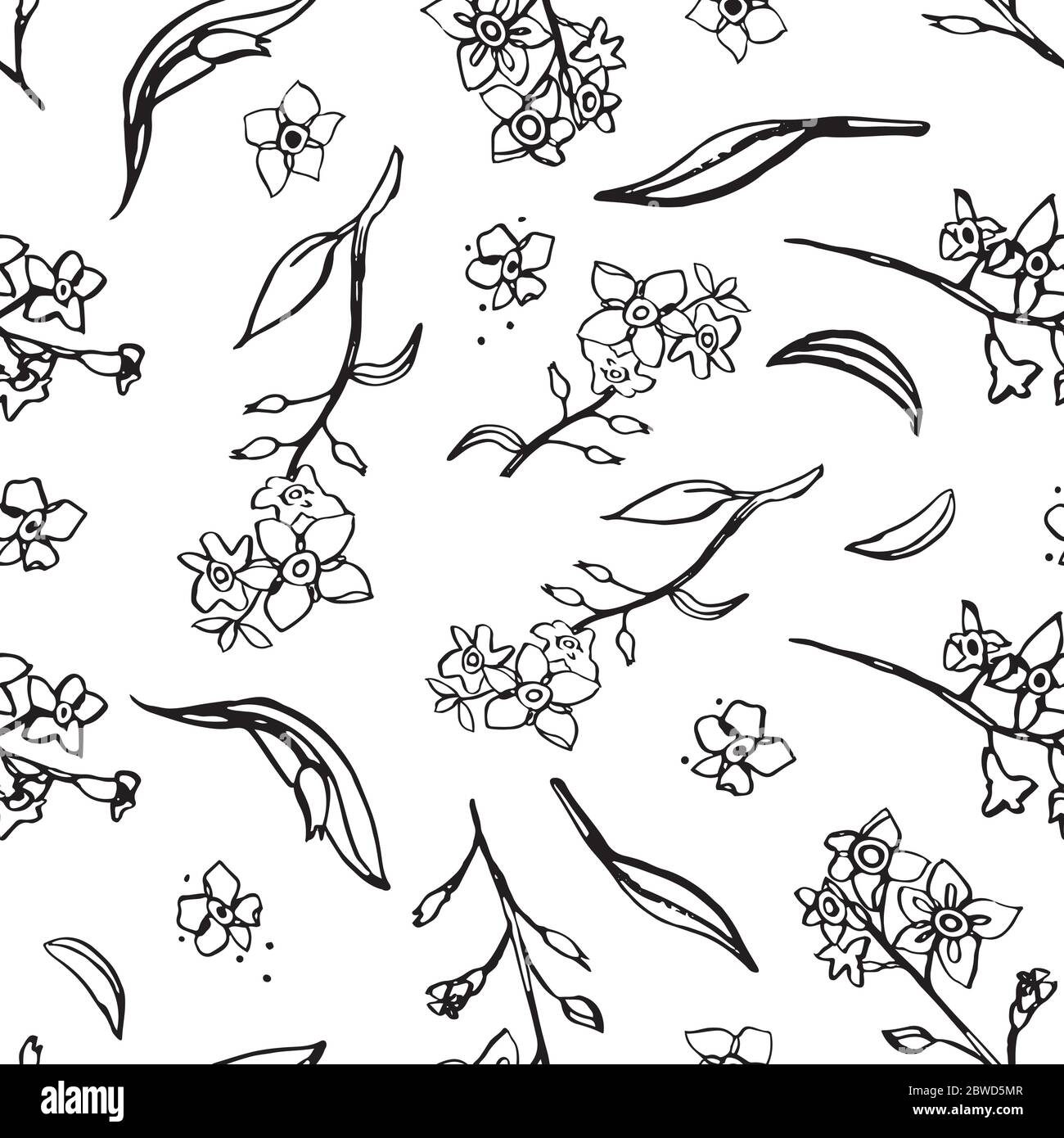 Vektor elegante Botanik Vergiss mich nicht Linie Kunst wiederholen Muster mit Hand gezeichneten Kontur auf weißem Hintergrund. Natur Hintergrund. Oberflächenmuster. Stock Vektor