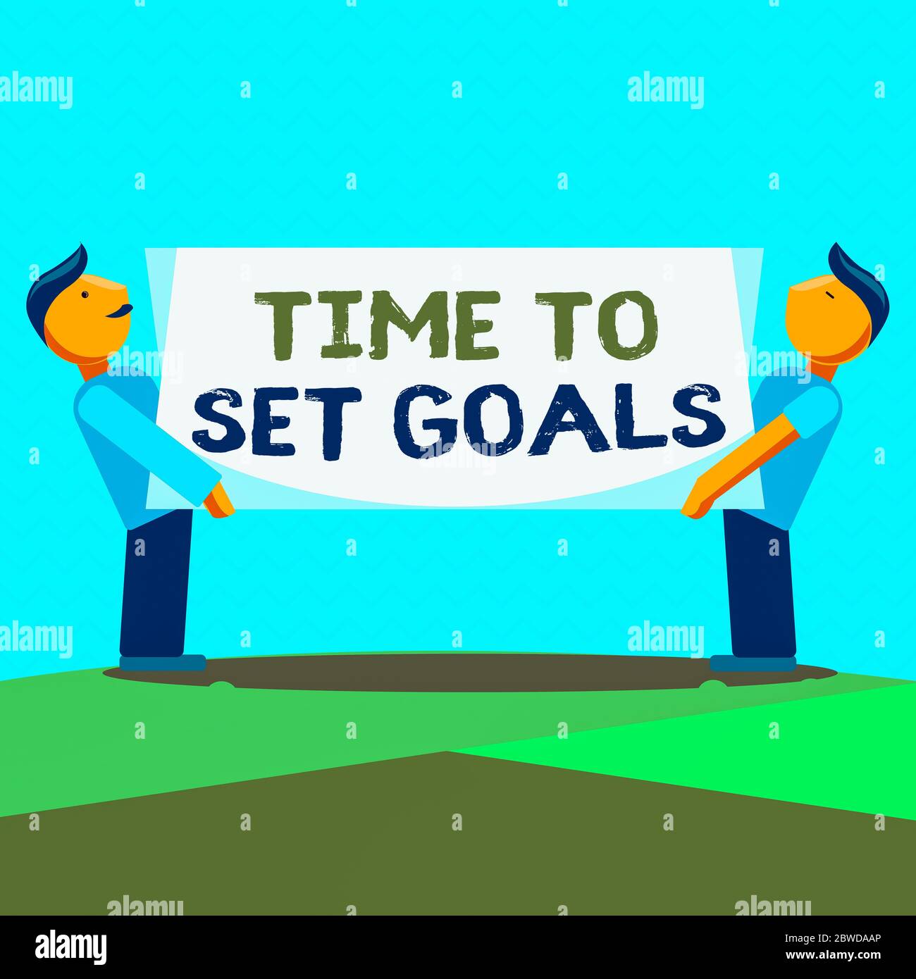 Textzeichen mit der Zeit zum Festlegen von Zielen. Business Foto Text Management Tipps Start Training Beseitigung von schlechten Gewohnheiten zwei Männer stehen Tragen rechteckigen Bla Stockfoto