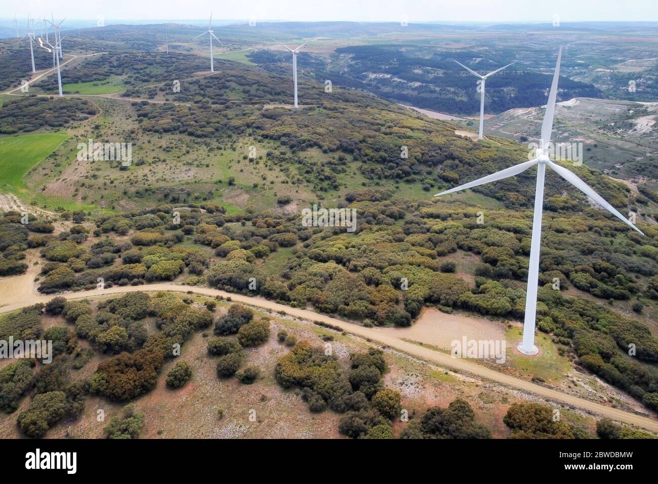 Luftaufnahme der Windmühlen Farm für saubere Energieerzeugung auf schönen bewölkten Himmel. Windkraftanlagen erzeugen saubere erneuerbare Energie für eine nachhaltige Entwicklung . Stockfoto