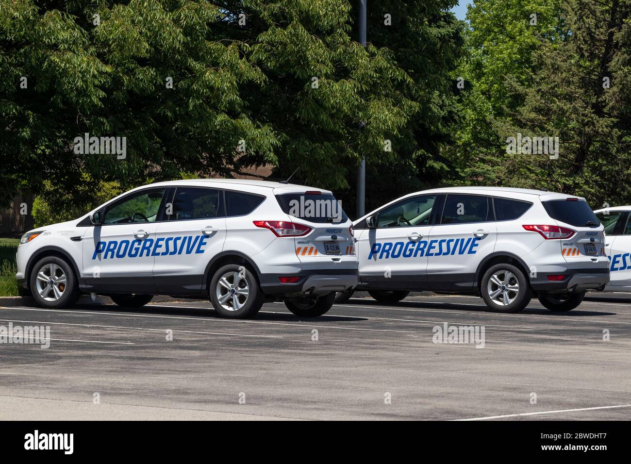 Indianapolis - circa Mai 2020: Progressive Versicherung Ansprüche Fahrzeuge. Progressive versichert Motorräder, Boote, Wohnmobile und Nutzfahrzeuge. Stockfoto
