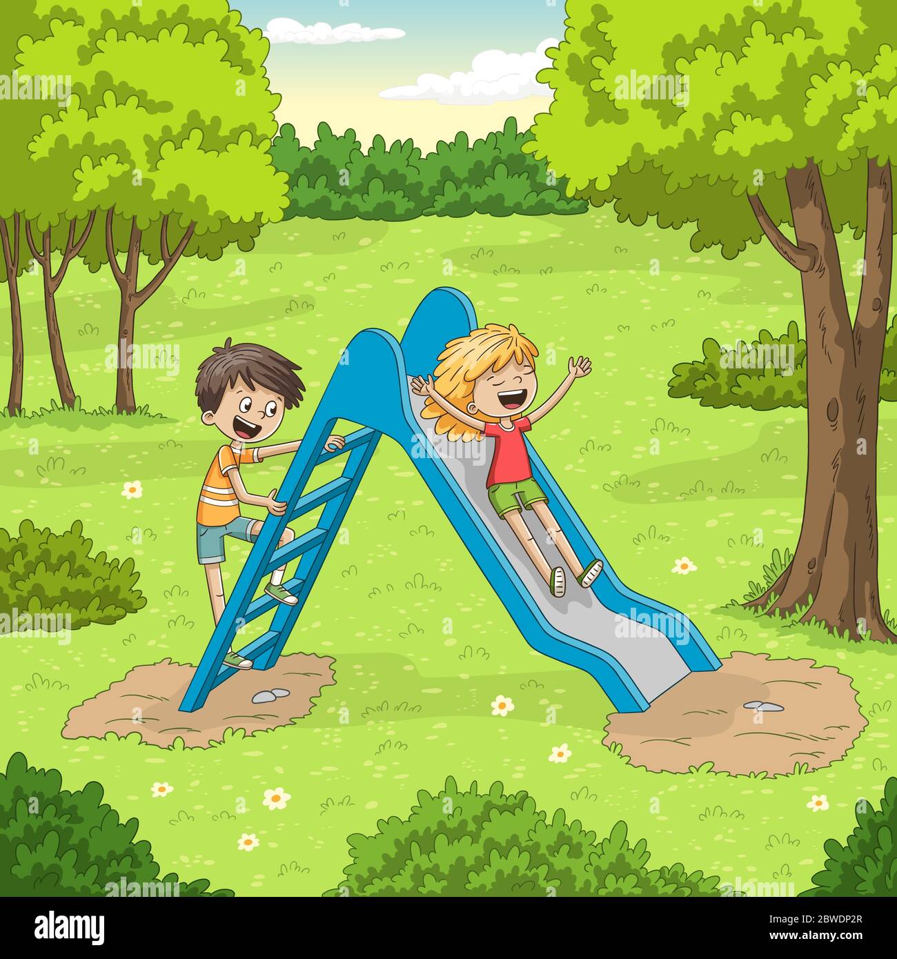 Zwei Kinder spielen im Garten. Vektorgrafik mit separaten Ebenen. Stock Vektor