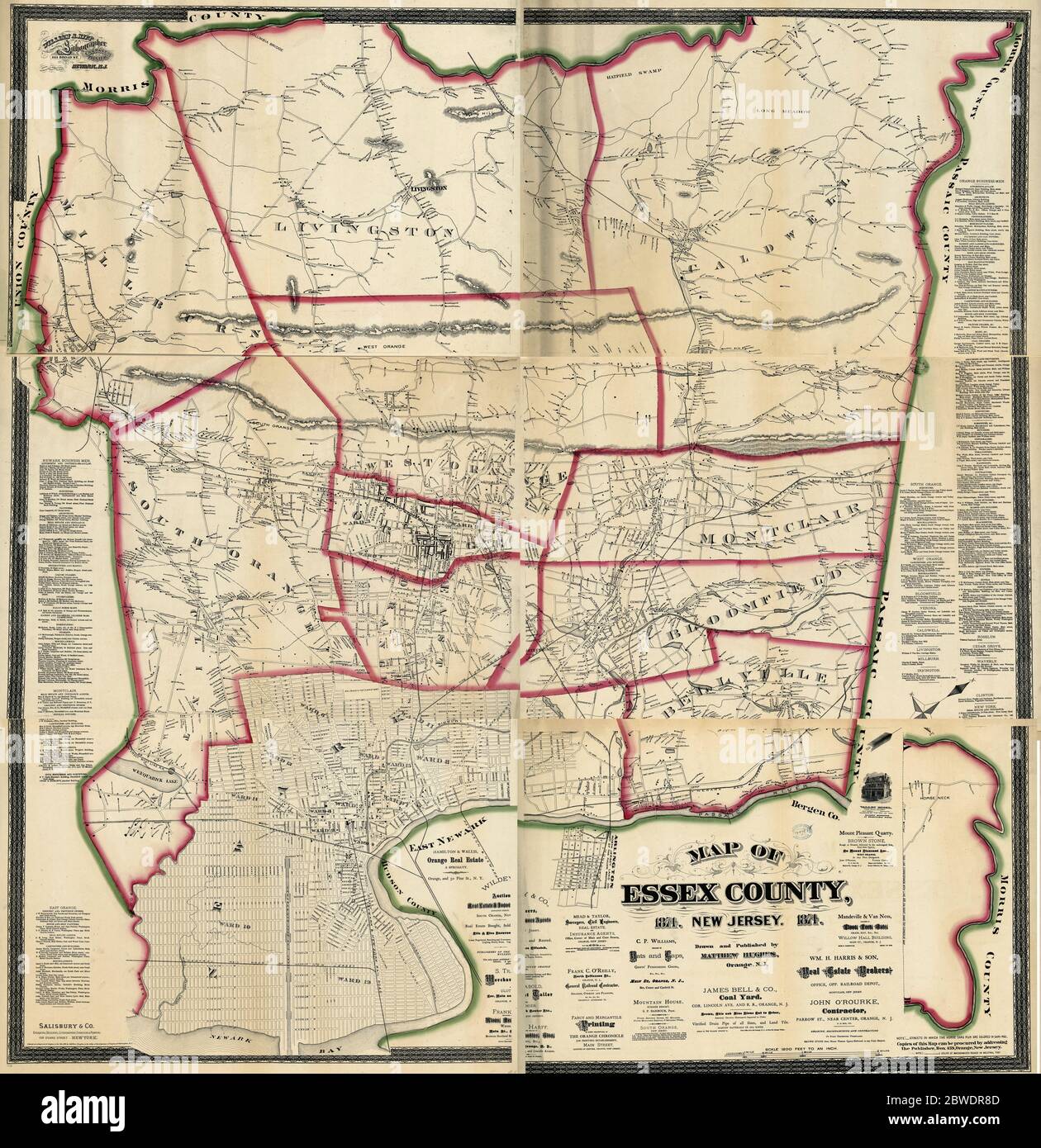 Karte von Essex County, New Jersey, 1874 Stockfoto