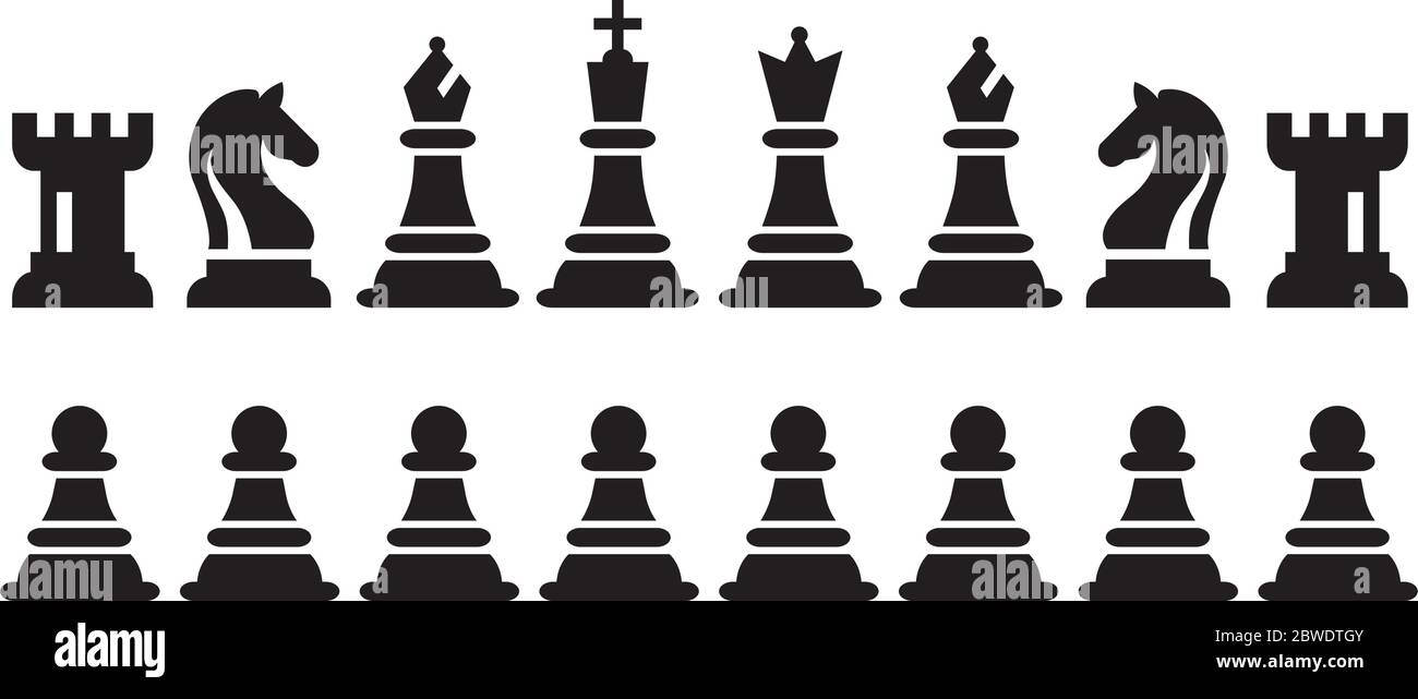 Schach schwarze Zahlen Stück Vector Illustration. Schwarz Chess Icons einstellen. 16 Objekte, darunter König, Königin, Bischof, der Ritter, Turm, Bauer. Stock Vektor